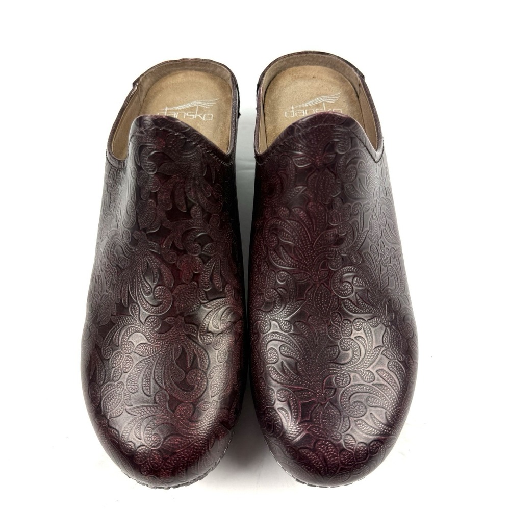 Dansko Melody Mahogany Tooled Clogs 37 Slip On Leather Mules Women Comfort
